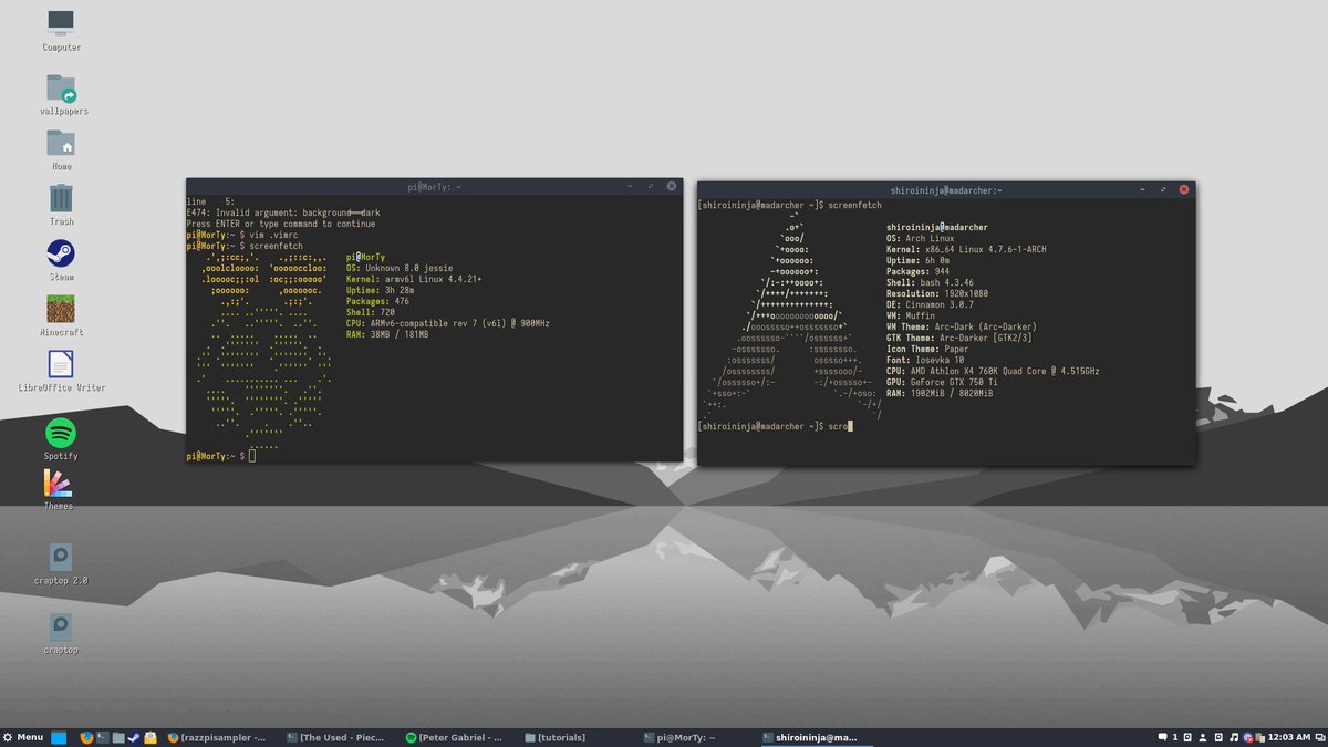 shikataganaine's tweet image. My #RaspberryPi model A+ vs. My desktop. #Linux #screenfetch #unixporn #ssh #archlinux #raspbian