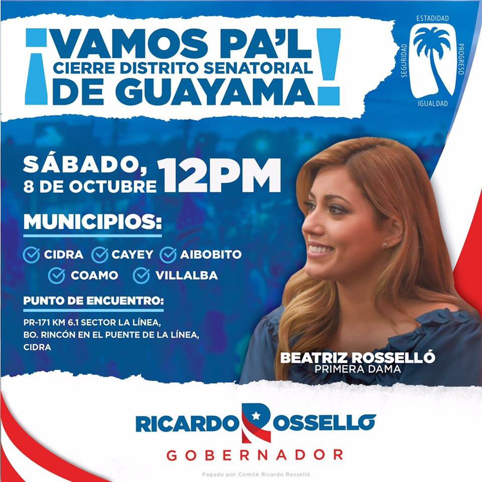 tucoordinadora's tweet photo. Mañana, todos al cierre de distrito senatorial de Guayama junto al Dr. @ricardorossello @Jenniffer2012 @BeatrizRossello #CompromisoConPR https://t.co/XaxDNwN9uY