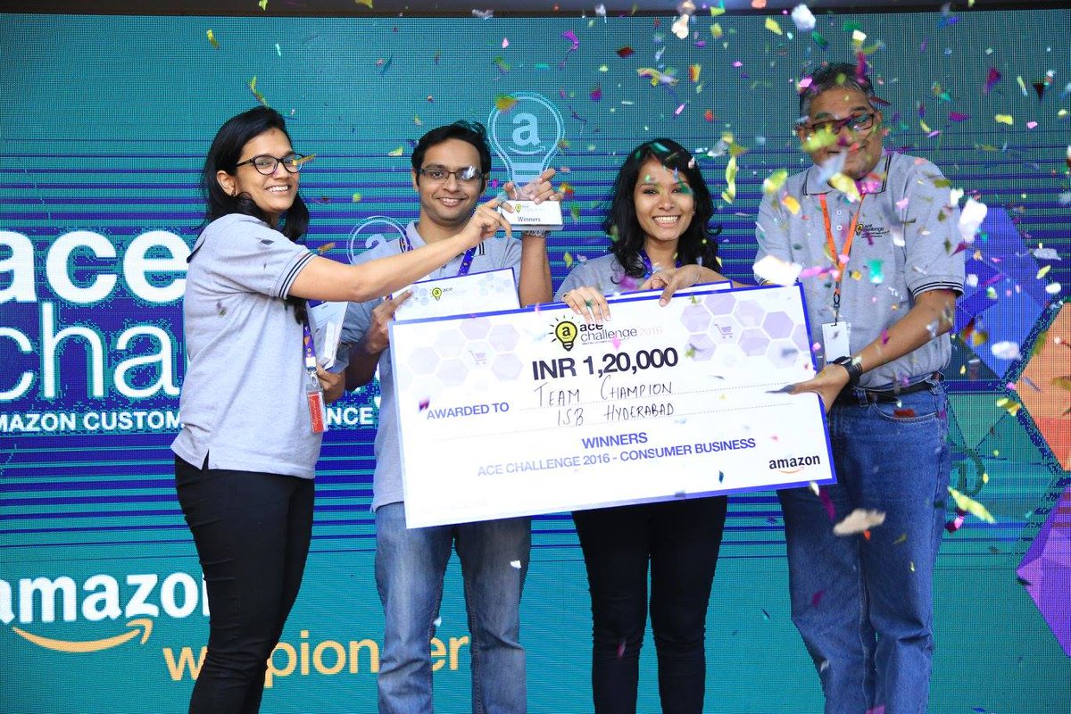 Team Champion does <a href="/ISBedu/">Indian School of Business (ISB)</a> proud by acing the <a href="/amazonIN/">Amazon India</a> <a href="/acechallenge/">The ACE Challenge</a>! Congratulations! <a href="/RadhiAgarwal12/">Radhi Agarwal</a> <a href="/Rushabh57131634/">Rushabh Shah</a> <a href="/PD_010892/">Pranjal</a>