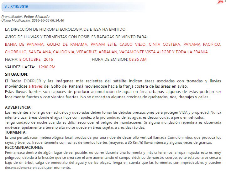 #AvisoDePrevención Panamá/PanamáOeste
Lluvias y tormentas
#Hidromet
<a href="/Etesatransmite/">ETESA</a>