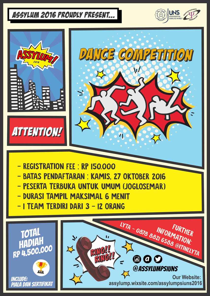 DANCE ! 💃
👬👭 1 grup : 3-12 orang
⏰ durasi : max 6 menit
💲 Regist fee : 150.000 IDR
More info :
Lyta ( 0878-8821-6588) // line : @itinelyta