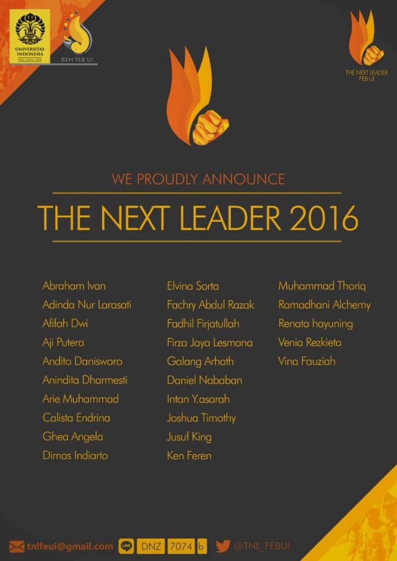 TNL_FEBUI's tweet photo. Congratulations and Welcome 25 Participants of The Next Leader FEB UI 2016!
TNL FEB UI 2016
#impactfulleader
Beat Leadership with Your Heart https://t.co/UiUcGh17cj