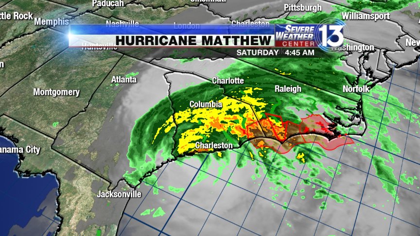 Local24Ed's tweet photo. Matthew is now a CAT 1 Hurricane. Tornado Watches are out along the Carlolina Coast, shaded in red. #memws #fox13 https://t.co/bFaX0XRJBv