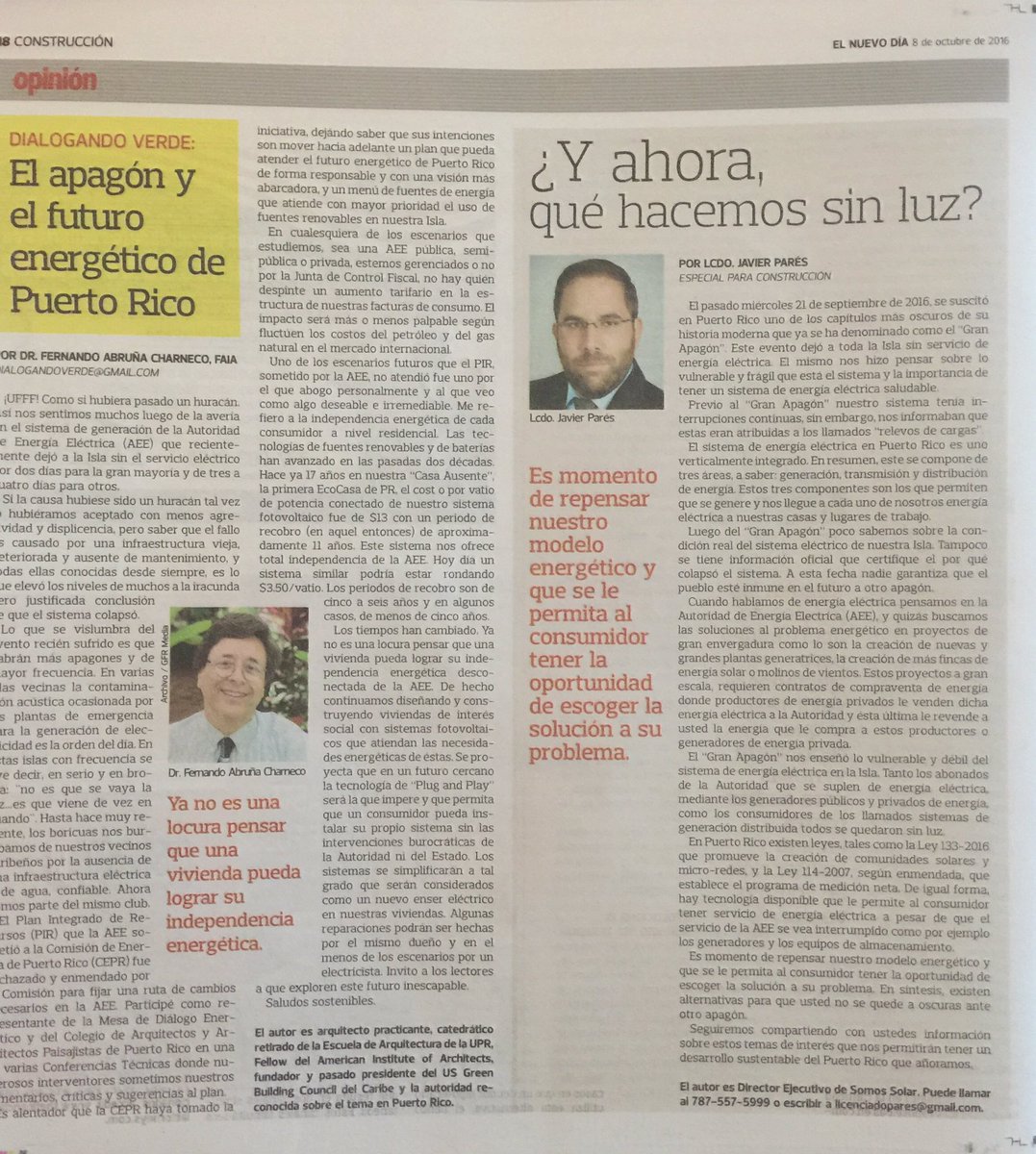 somossolar's tweet photo. Excelente artículo hoy en la sección de construcción de dos baluartes de energía en PR. El apagón..que hacemos sin luz https://t.co/VDfIO1n2k5