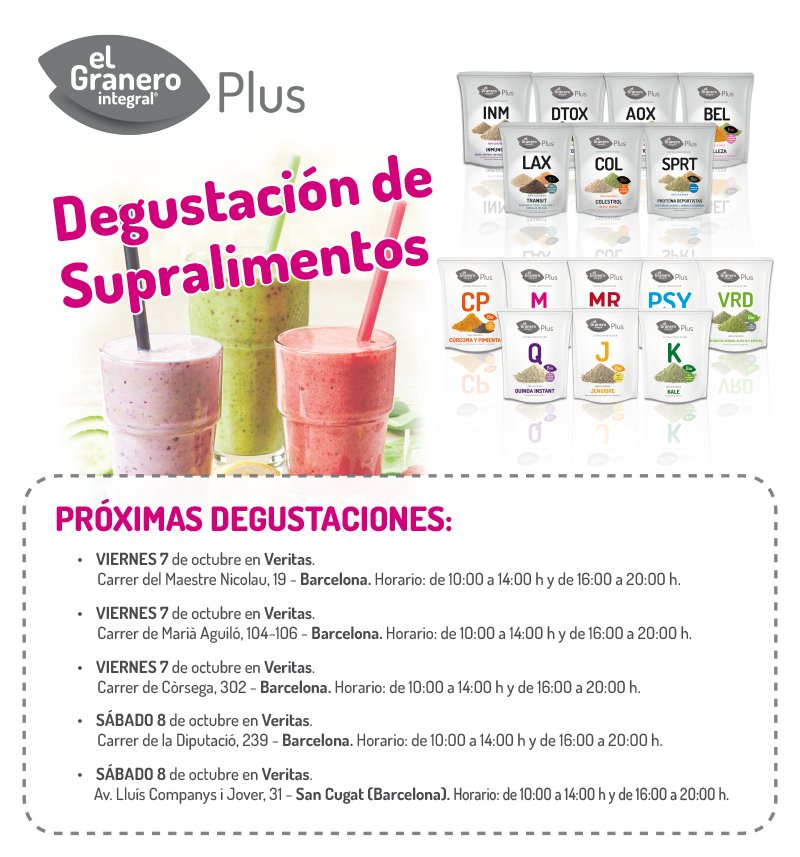 granerointegral's tweet photo. Visítanos hoy en dos tiendas de @Ecoveritas en #Cataluña y disfruta de nuestros #SupralimentosBio. ¡Estamos de 10 a 14h y de 16 a 20h! https://t.co/kgOwtrULmW