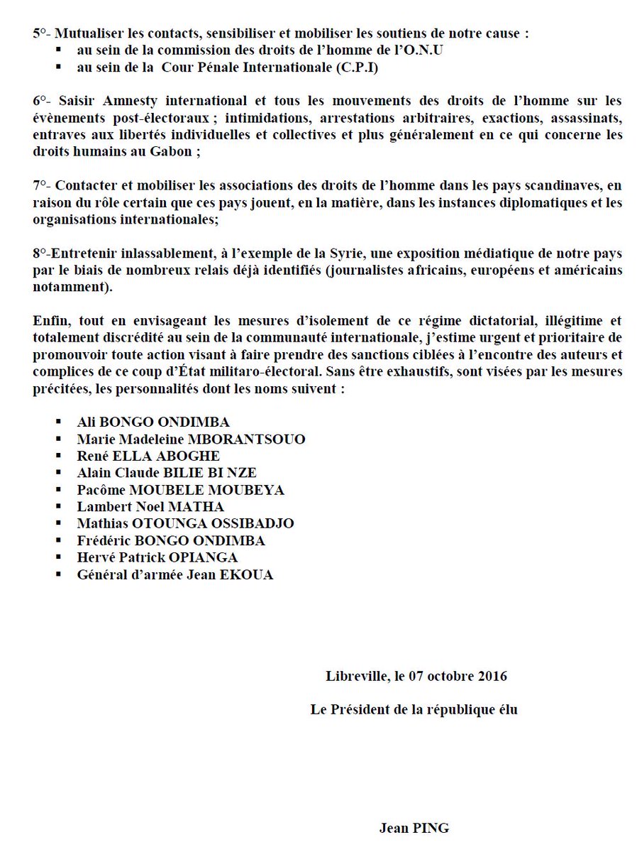 PRJeanPing's tweet photo. Veuillez prendre connaissance de ma déclaration du 7/10/2016 #ResistanceGabon https://t.co/vDAJIQ36FI