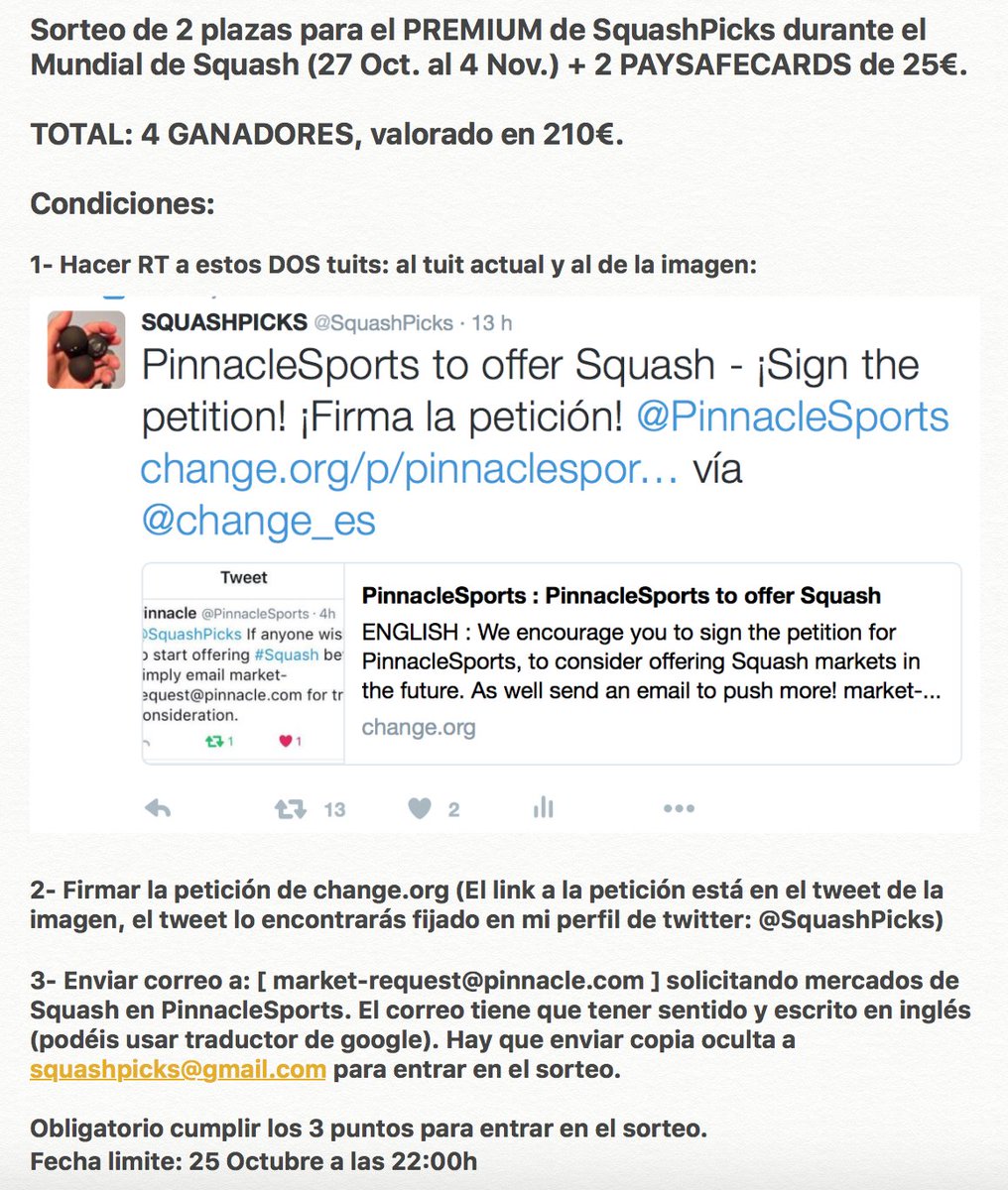 nilmunne's tweet photo. ¡ SORTEO valorado en 210€ !
Para que Pinnacle ofrezca Squash! VAMOS!

2 Plazas PREMIUM
2 PAYSAFECARDS de 25€

TUIT: https://t.co/PGvBwSkxrx https://t.co/Ne32iEReHF
