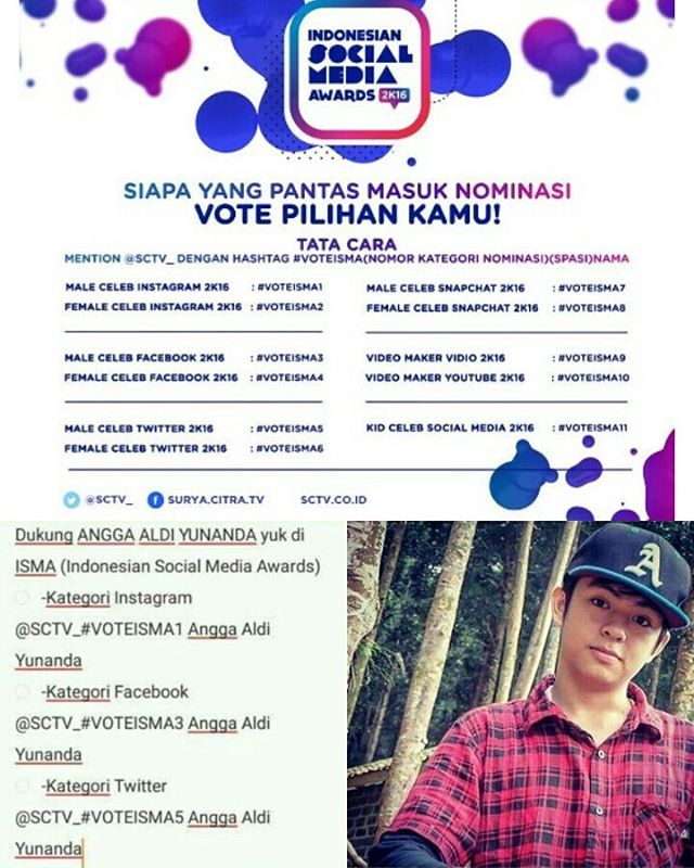 AYVERS_IDN's tweet photo. Mohon Bantu @anggaaldi_16 buat masuk ketiga Nominasi #ISMASCTV.. #VOTEISMA1 #VOTEISMA3 #VOTEISMA5 ANGGA ALDI YUNANDA 😊 https://t.co/rUapR6NO7m