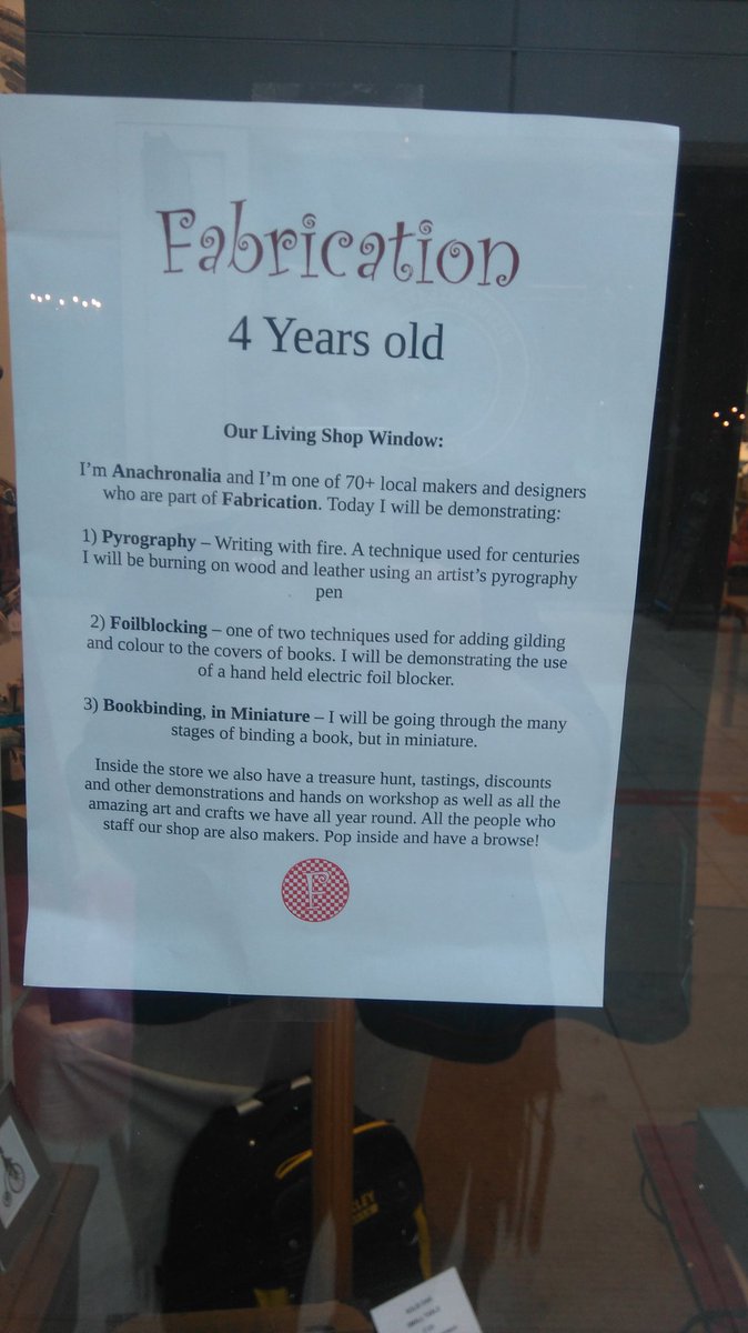 FabricationLDS's tweet photo. The fab anachronalia is in our window today doing demos pop in for cake &amp; fizz too @thelightleeds #indieleeds #Leeds https://t.co/zEEEyrPzbM