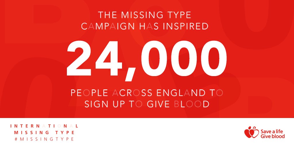 GiveBloodNHS's tweet photo. Our #MissingType campaign to highlight the need for more new donors inspired 24,000 people across England to sign up to give blood! https://t.co/eAuqvlPTF7