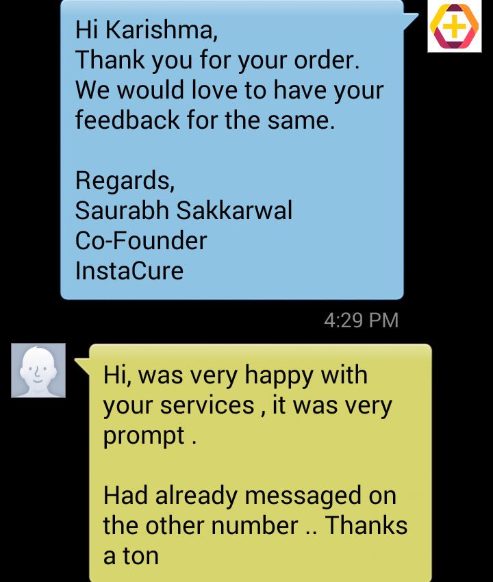 InstaCureIndia's tweet photo. When the customer loves your service! #satisfaction #instacure #onlinepharmacy #medicine https://t.co/RD14SNDTUD