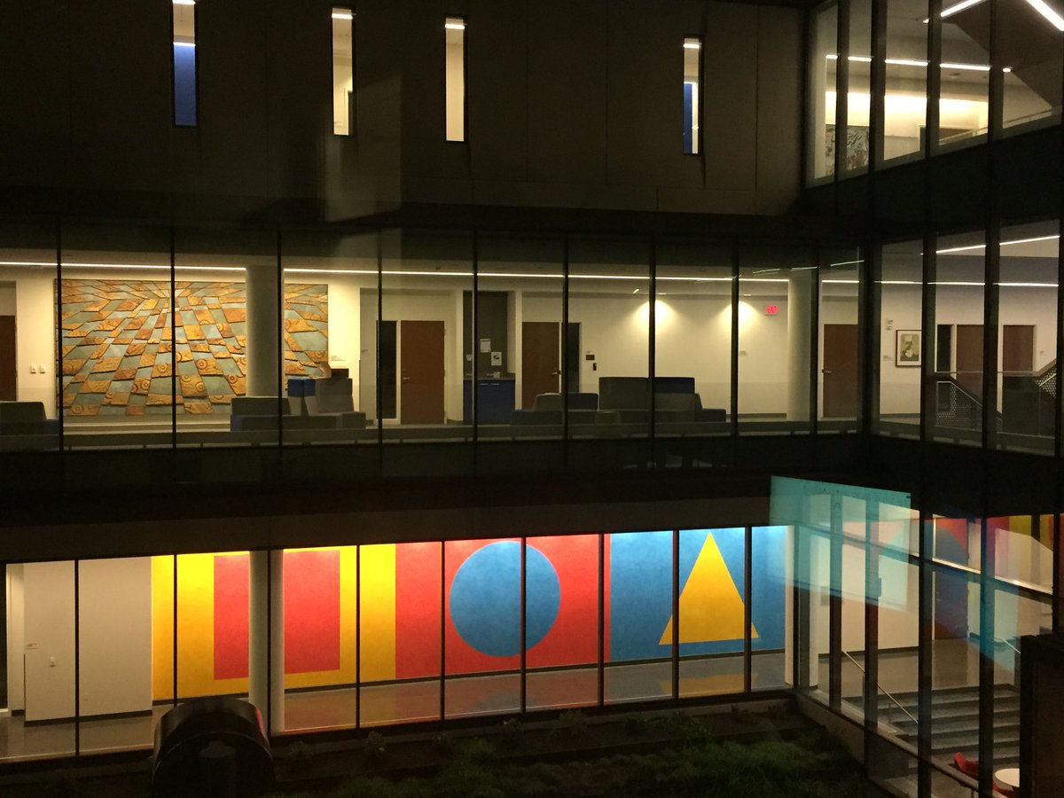 KUprofJimG's tweet photo. Perks of the (Dean's) Office: 6 AM view of Sol LeWitt's "Wall Structure 519" and Conrad Snyder's "Opening Move". #CapFedHall #KUbschool https://t.co/x28mMadgcN