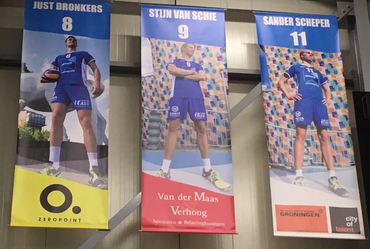 LycurgusVolley's tweet image. Banners van Just Dronkers, Stijn van Schie en Sander Scheper. Dank @ZeroPointNL, Van der Maas en Verhoog, @CityofTalent ! #LetsgoLyc