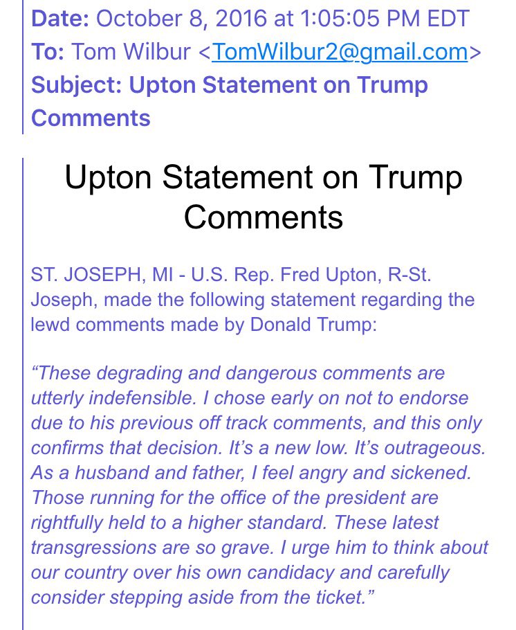 ChadLivengood's tweet photo. BREAKING: @RepFredUpton, who refused to endorse Donald Trump, urges GOP nominee to "carefully consider stepping aside from the ticket." https://t.co/qXp6mf4OTY