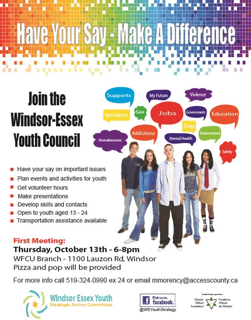 theWYCcommunity's tweet photo. Have your say on the important issues affecting our community by joining the Windsor-Essex Youth Council! The first meeting is Oct 13! https://t.co/fGxX0TTtfH