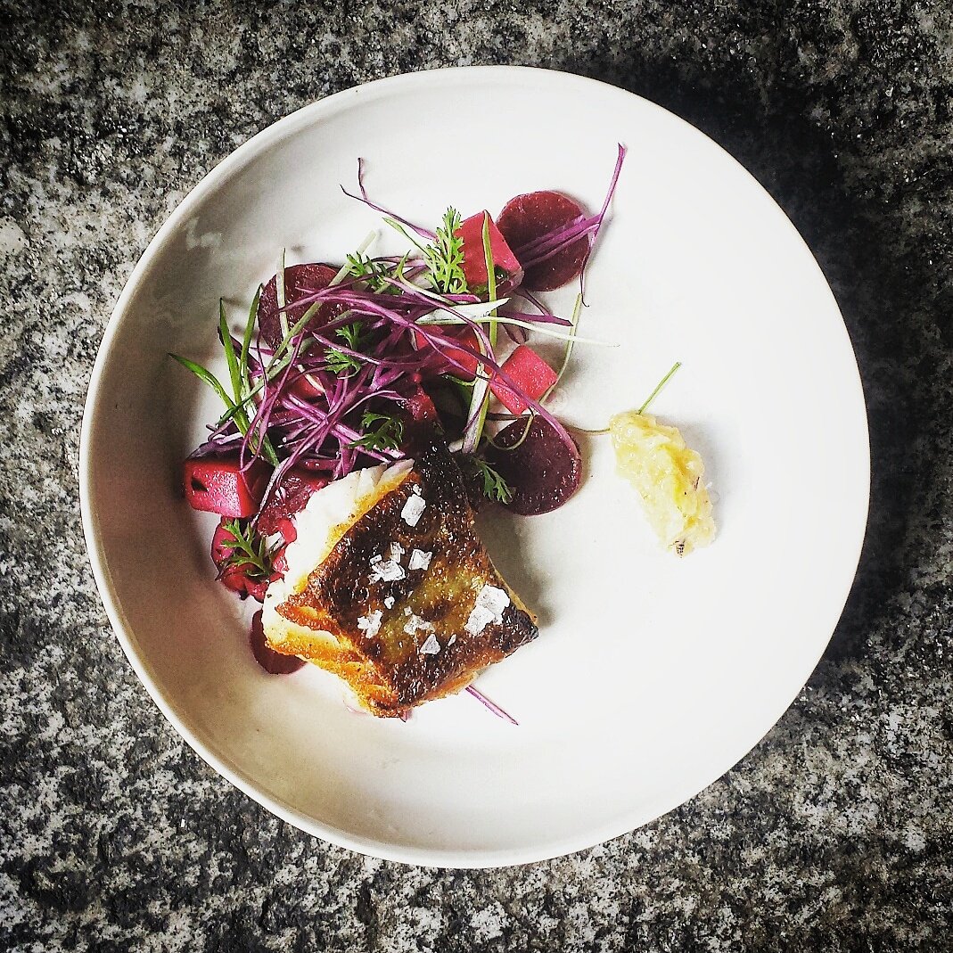 ChefJacoSA's tweet photo. COD, beetroot, apple, red cabbage, preserved lemon. #foodporn #foodie #Zurich #maisonmanesse #lunch https://t.co/pDaFZum2wN