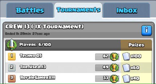 Crew13_'s tweet photo. Crew (IX Tournament) ended!!
Congrats Techno! Well played!
#ClashRoyale #POL90R8 π https://t.co/tKDloVcpN1