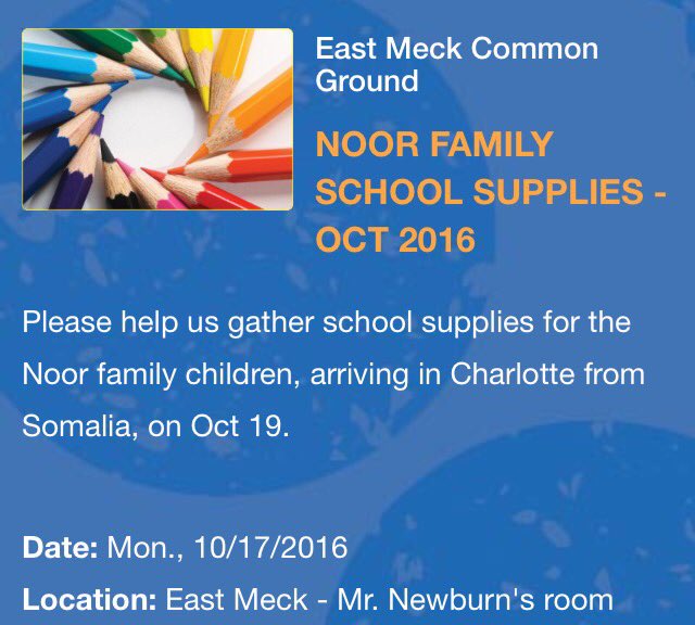 CommonGroundEM's tweet photo. PLEASE HELP! There is a family of 10 coming from Somalia on the 18th, we need school supplies for all of the kids! Help them start school! https://t.co/Ybrv5fdWPd
