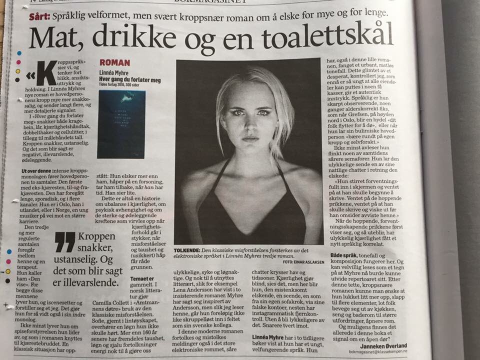 sondrelercheno's tweet image. Jæla sensitiv og god anmeldelse av @linniiie's nådeløse Hver Gang Du Forlater Meg i @Klassekampen's Bokmagasinet i dag
