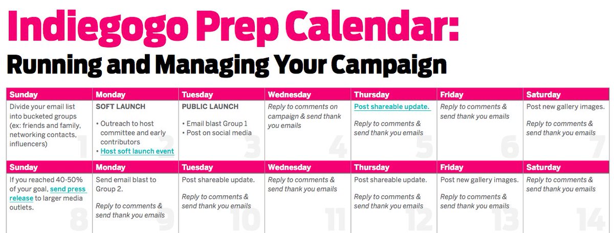 Indiegogo's tweet photo. How to run a #crowdfunding campaign: free calendar &amp; checklist: https://t.co/iojitfaRak https://t.co/ymDBviHmR6