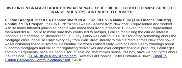 TeamTrump's tweet photo. #5: Clinton bragged about how as Senator she "did all I could to make sure [the finance industry] continued to prosper." https://t.co/4BC6R97jJk