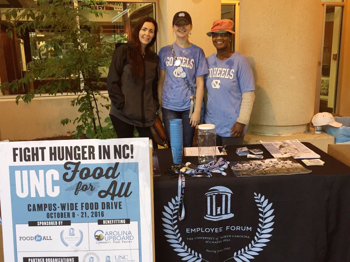 UNCChazz's tweet photo. We are here at #TarHeelTown collecting #UNCFoodForAll for @UNCFoodPantry. Come on by and donate!! @EmployeeForum #UNCStaff. #GoHeels!!!ππ https://t.co/oQSMhkWWNL