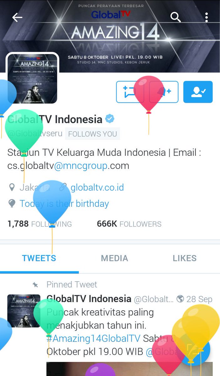 SonyMusicID's tweet photo. Happy birthday @Globaltvseru semoga selalu menjadi televisi yang menghibur dan informatif #Amazing14GlobalTV https://t.co/sQeUxPSfLh
