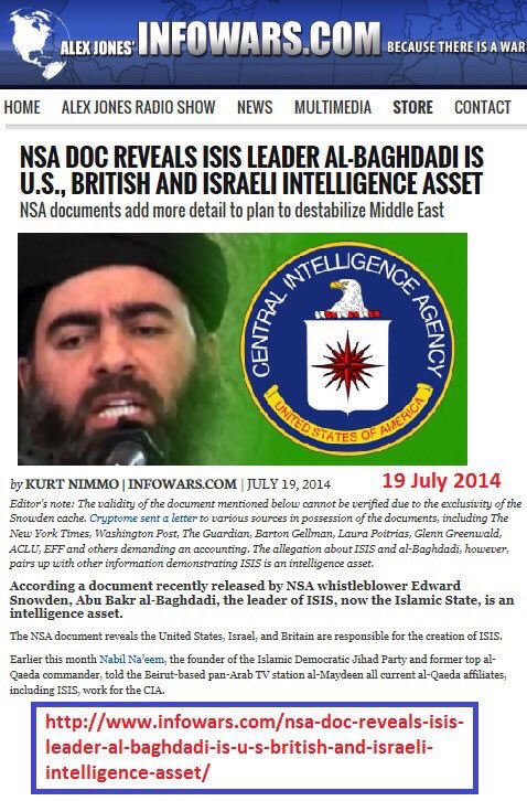 BedlamBeat's tweet photo. @BedlamBeat #G8Links #FFWars #FalseFlagWars #WW3 #ManufacturedDeception #ManufacturedWars
ISIS Al-Baghdadi (Seriously⁉️😂) is Mossad MI-6 CIA https://t.co/9uEKmEIlpK