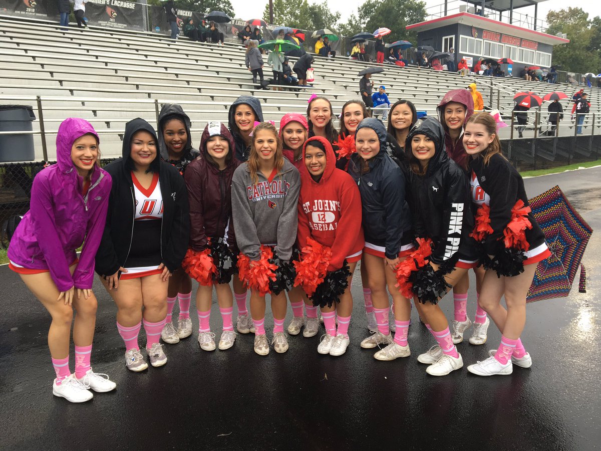 CatholicUniv's tweet photo. Our @CUACheerleading team are ready for the @CUAFootball game...rain or shine. #FamilyWknd2016 https://t.co/w4s84JruOz
