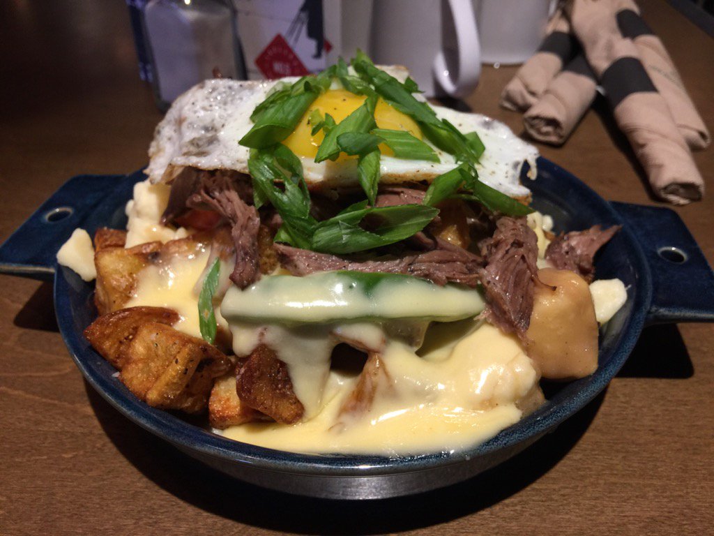 GWellborn's tweet photo. Morning CALGARY @trolley_5 - Braised short rib breakfast Poutine feature today $15 mmmmm.... Poutine #localbrewery https://t.co/joA6gzT3zh