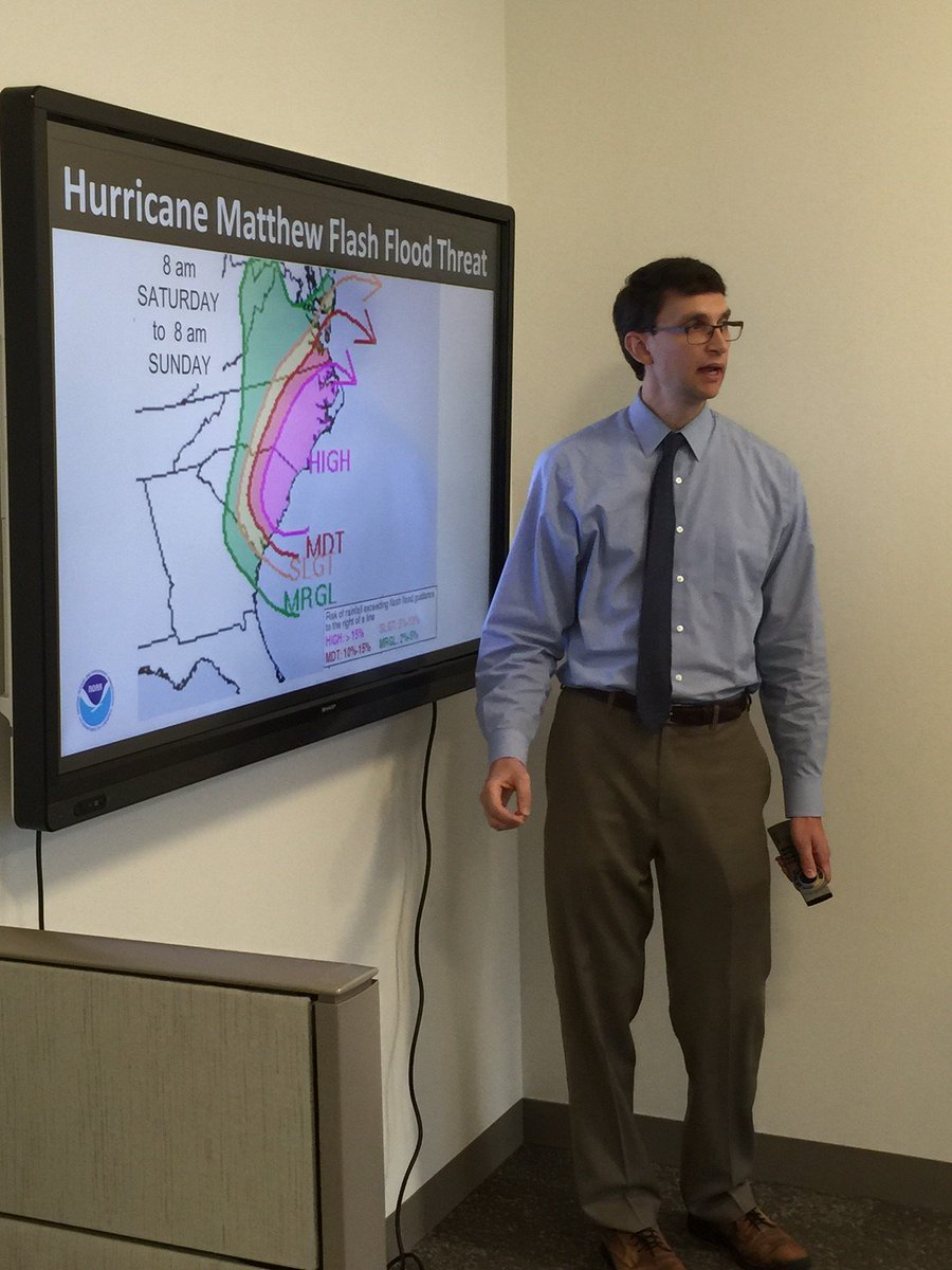 NWSWPC's tweet photo. WPC director Dave Novak briefing @fema on heavy rainfall/HIGH #flashflooding risk from Hurricane #Matthew. Be safe in the Carolinas today! https://t.co/Rh5C27kxJH
