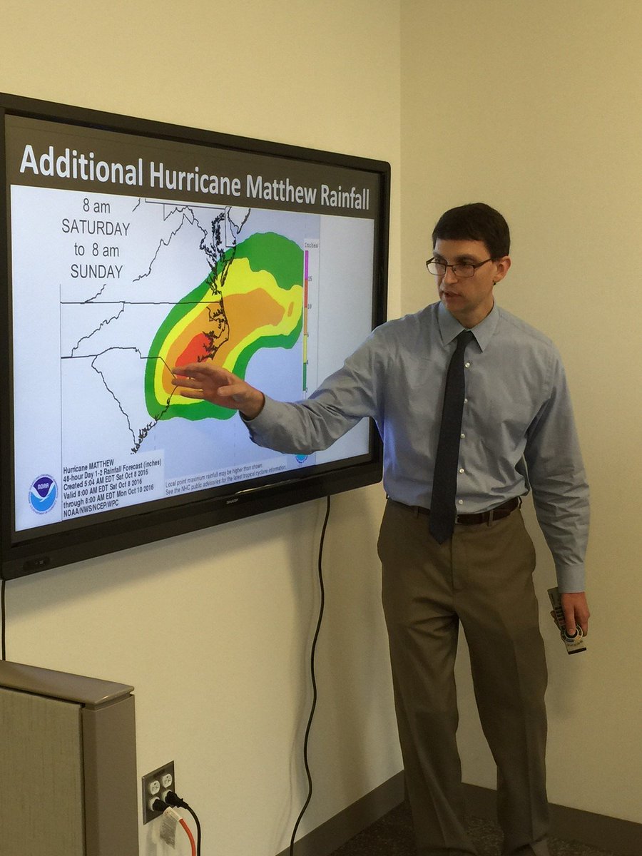 NWSWPC's tweet photo. WPC director Dave Novak briefing @fema on heavy rainfall/HIGH #flashflooding risk from Hurricane #Matthew. Be safe in the Carolinas today! https://t.co/Rh5C27kxJH
