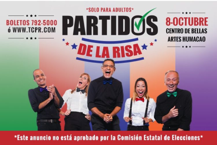 HumacaoArenaCBA's tweet photo. RISAS Gratis Pa'l Que Vote esta noche por Partidos de la Risa. 
@ticketcenterpr @SilverioMotiva https://t.co/Dgg4W05DVi