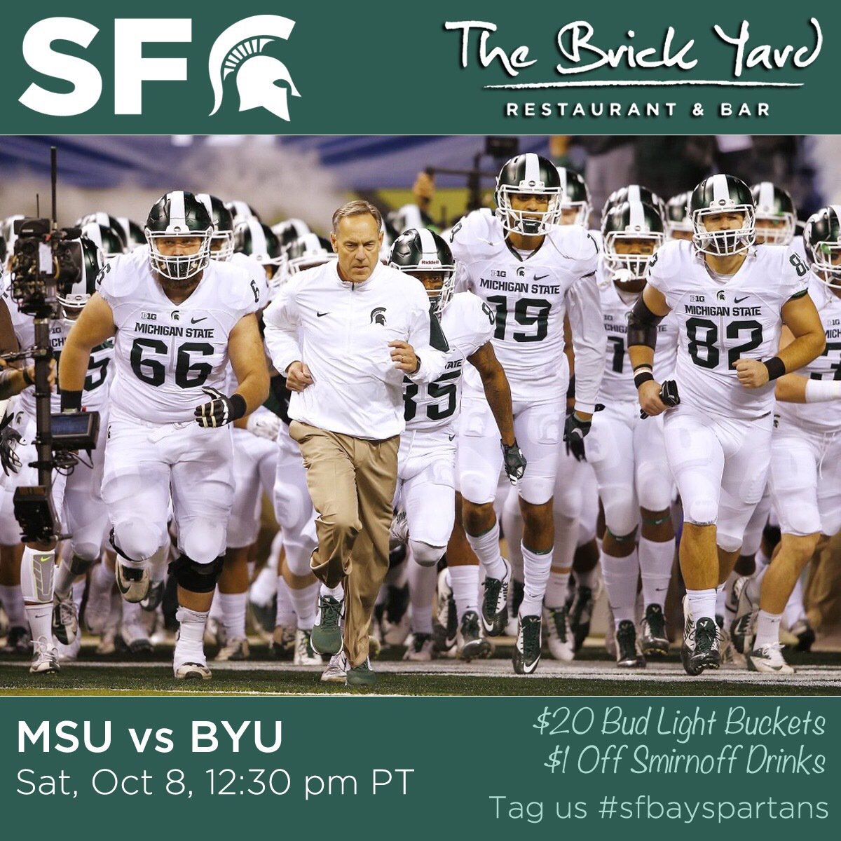 Brickyardsf's tweet photo. Come get wild w/ the @sfbayspartans at The Brick Yard today 12:30pm. #MSUvsBYU w/ $20 Bud Light Buckets. Spartans assemble! #sfbayspartans https://t.co/FQyr44trPo