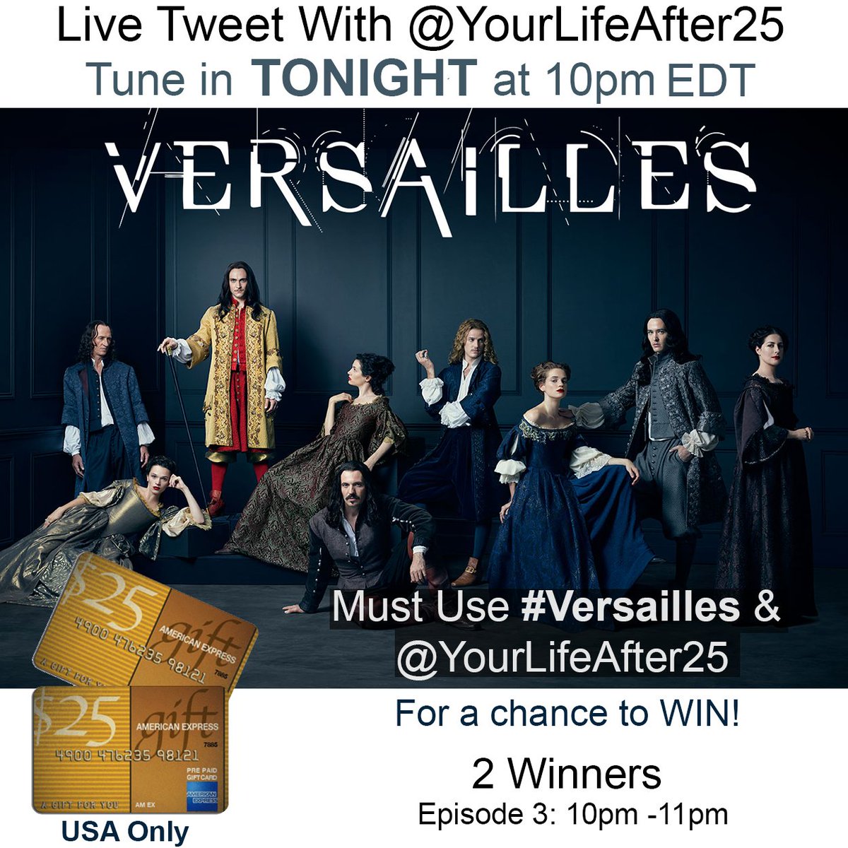 TheToyinAjayi's tweet photo. Join @YourLifeAfter25 TONIGHT @ 10pm EDT as we Live Tweet ep. 3 of #Versailles on @ovationtv! WIN a $25 Amex gc! https://t.co/UG0YHcKNes https://t.co/i50DBApueh