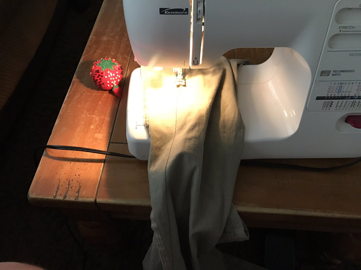 Gandersen07's tweet photo. Helping my daughter take in some bell bottom pants she was given. #sewing #mothertaught #usefulskill https://t.co/bAGtQaAAt3