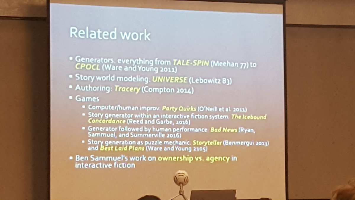 .<a href="/ianhorswill/">Ian Horswill</a> lists out some related AI story games that inspired his game jam game Dear Leader's Happy Story Time
<a href="/AIIDEconference/">AIIDE Conference</a>