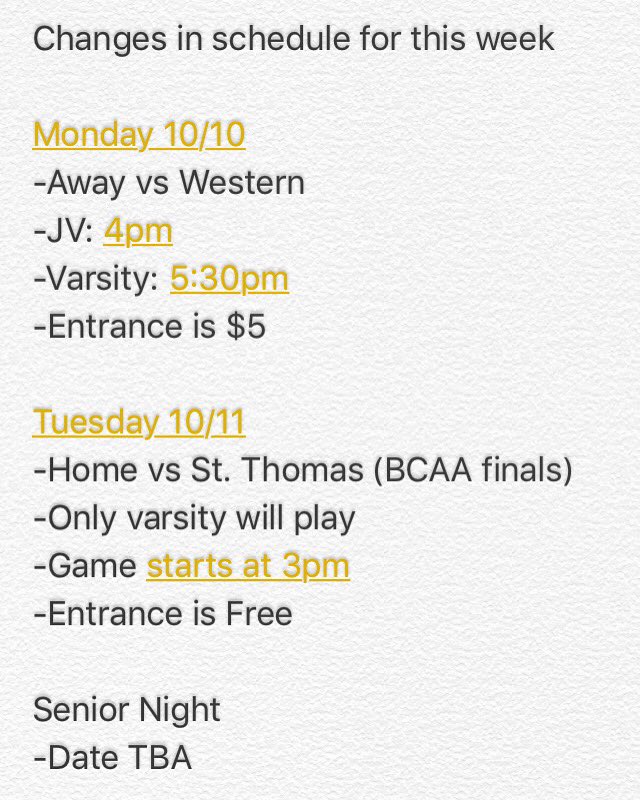 These are the changes to our schedule due to hurricane Matthew