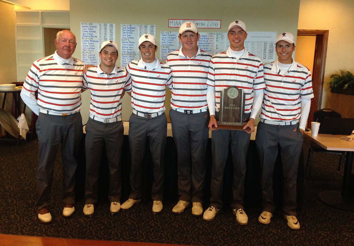 HopeAthletics's tweet photo. CHAMPIONS! @HopeCollege men's golf shoots final-round 295 in Battle Creek to win MIAA finale, earns 4th consecutive MIAA title. #d3miaa https://t.co/USgZ5PPyN1