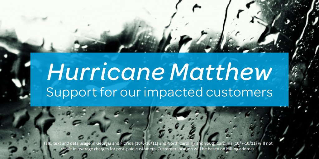 ATT's tweet photo. To help cust. impacted by #HurricaneMatthew, we're waiving data overages in GA + FL (10/6-11) and NC + SC (10/7-11): https://t.co/sbxt0kLN8w https://t.co/tKRMKBdxCC