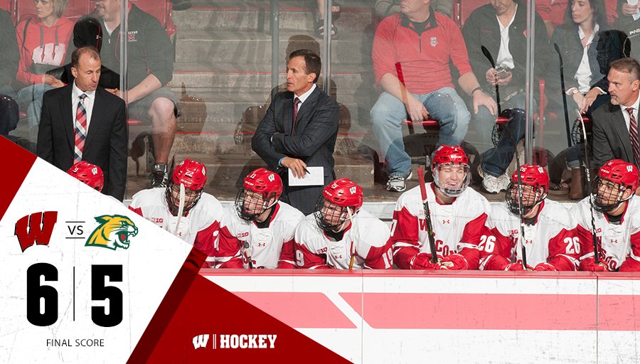 BadgerMHockey's tweet photo. Congrats to @TonyGranato, @Osiecki24 and Don Granato on their first win as a coaching staff. What a wild game! https://t.co/EATplg1CsU