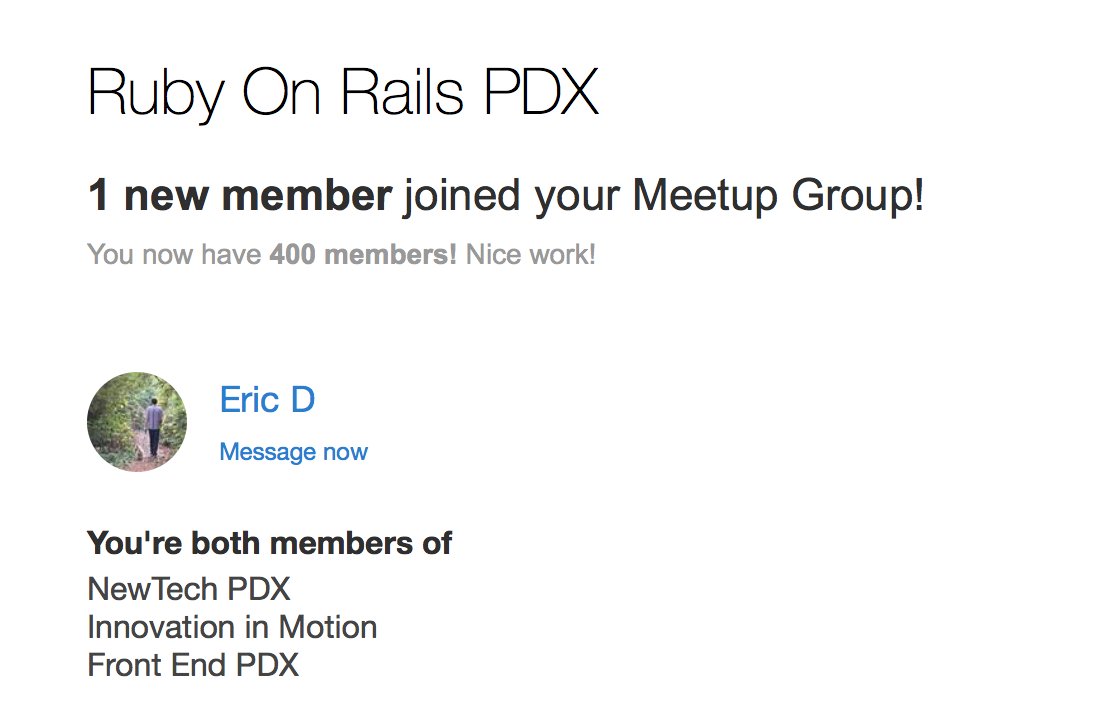 rubyonrailspdx's tweet photo. OMFG! We just hit 400 members. This group is for you! Our amazing PDX tech community.  Thank you for valuing us so much. #PDXRAILS https://t.co/l2xCByMwAw