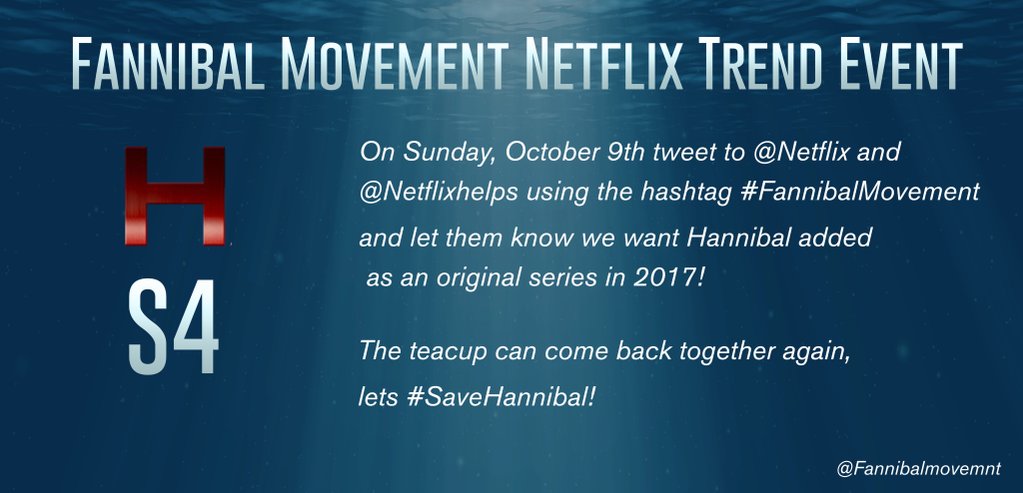 FannibalMovemnt's tweet photo. NETFLIX TREND EVENT TODAY, tweet Netflix that we need a S4 #SaveHannibal #FannibalMovement https://t.co/2MhIVxCfM0