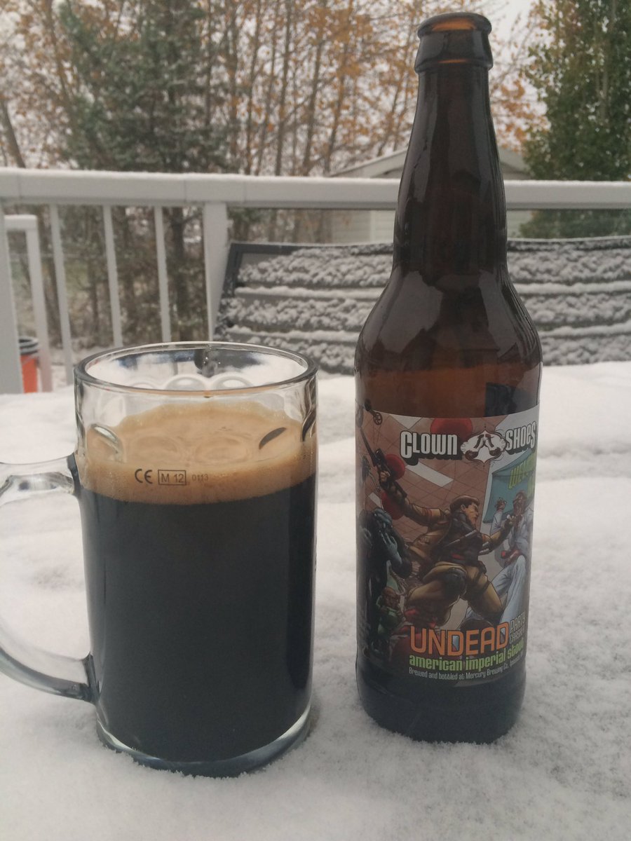 First snowfall of the year...excellent time to open some <a href="/clownshoesbeer/">Clown Shoes Beer</a> Imperial Stout #yegbeer