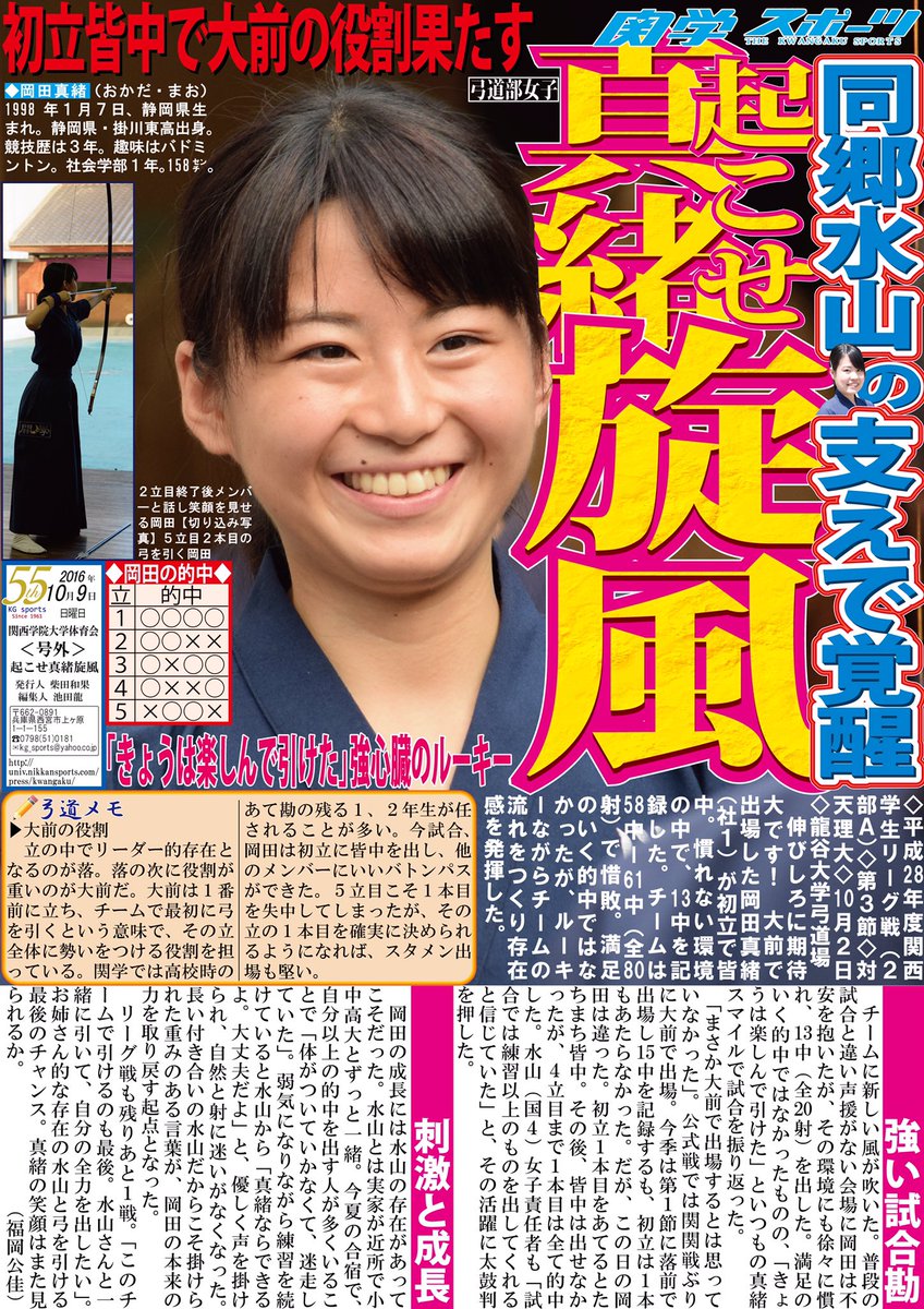 関学スポーツ編集部 على تويتر 弓道部女子 平成２８年度関西学生リーグ戦 ２部ａ 第３節 対天理大 於 龍谷大学弓道場 号外 起こせ真緒旋風 大前で出場し １年生ながらチームに流れをもたらした岡田真緒 社１ これからの活躍にも期待です