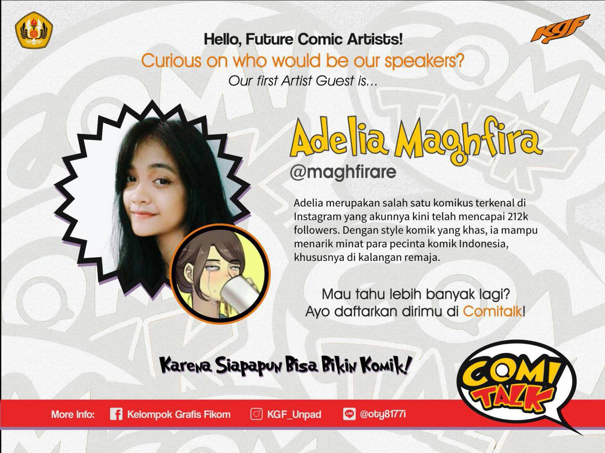 "Aku jadi guest star di Comitalk lho. Dateng yaa”. Adelia <a href="/Maghfirare/">magf✨| CF21 AA09-10</a> nungguin kamu lho. Makanya yuk dtg ke COMITALK <a href="/kgf_unpad/">Kelompok Grafis Fkom</a>