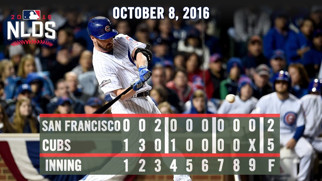 Cubs's tweet image. Travis Wood goes deep, lights-out 'pen gives #Cubs 2-0 #NLDS lead.

Recap: atmlb.com/2dOhUF2 #FlyTheW