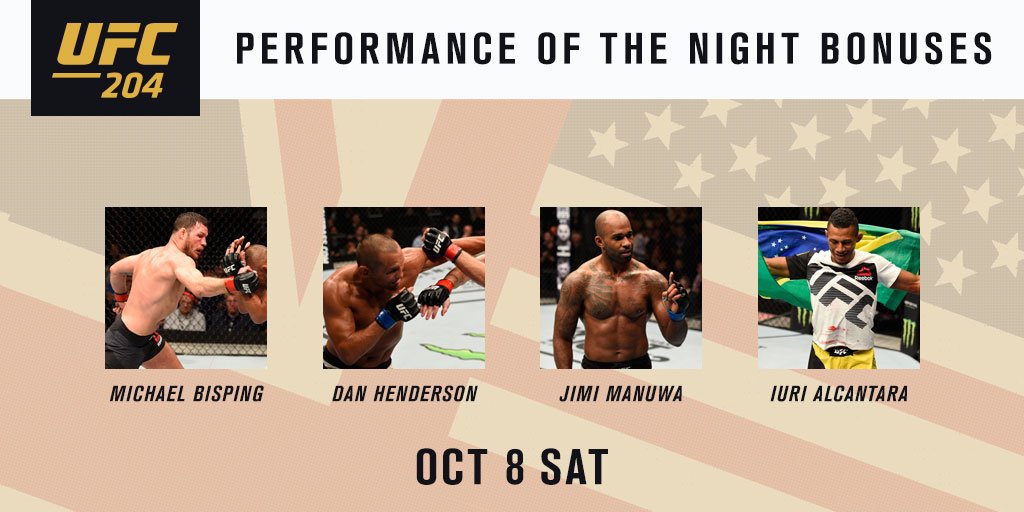 ufc's tweet photo. #UFC204 Bonuses:
#FOTN: @Bisping vs @DanHendo 2
#POTN: @POSTERBOYJM @IuriMarajo
$50k https://t.co/hm8nZlP5Lg