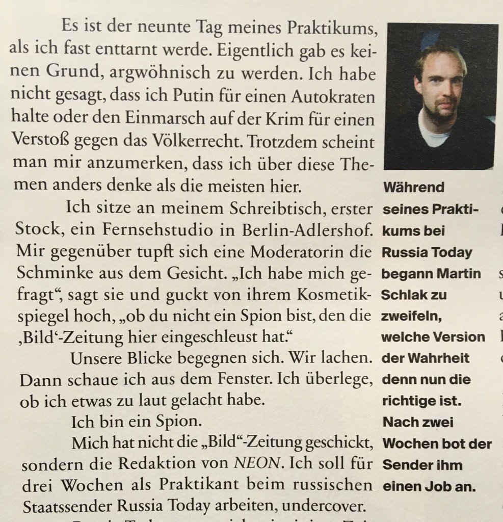Die Kunst der subtilen Propaganda: <a href="/neon_magazin/">NEON</a> Mitarbeiter arbeitete verdeckt bei <a href="/RT_Deutsch/">RT Deutsch</a>. Good Job! #Putin