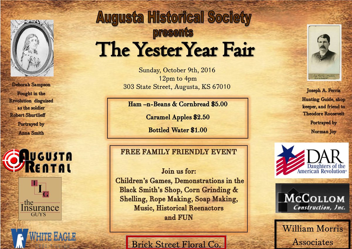 AugustaKSHistor's tweet photo. Today's the Day! YesterYear Fair 12p - 4p 303 State Street
#AugustaKS #BringaBlanket #BringaLawnChair #History #HamnBeans #FREE #FamilyFun https://t.co/KcHbHZtC9w